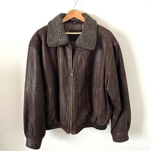 Expressions Contemporary Brown Leather Bomber Aviator Jacket Shearling Collar XL
